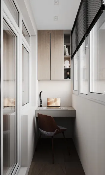 Интерьер с балконом, панорамными окнами и столом у окна  смотреть на Basicdecor