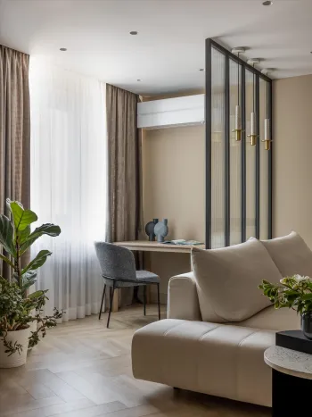 Интерьер гостиной с зонированием шторами в современном стиле смотреть на Basicdecor