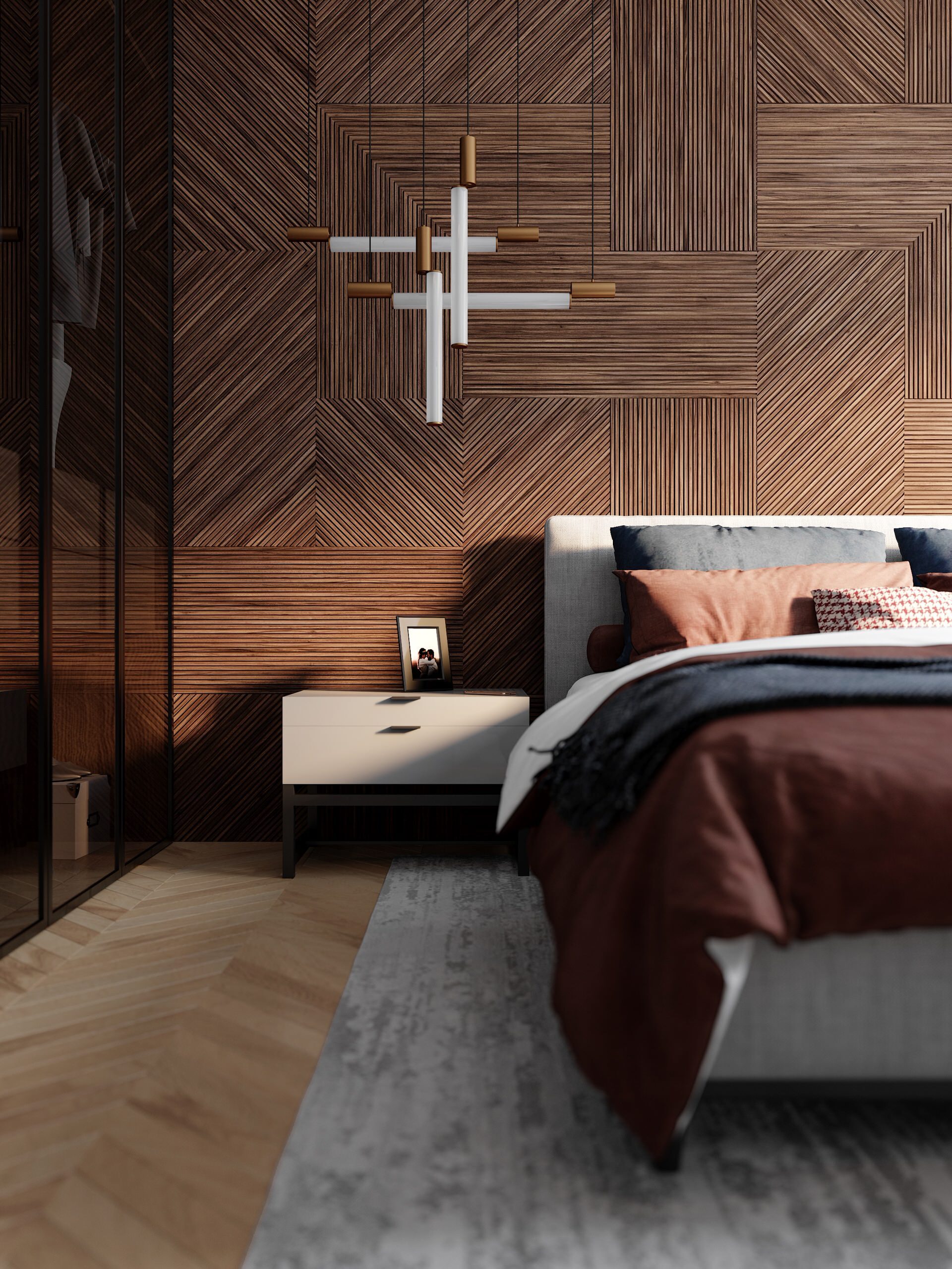 Интерьер спальни с подсветкой настенной и светильниками над кроватью в современном стиле и в стиле лофт