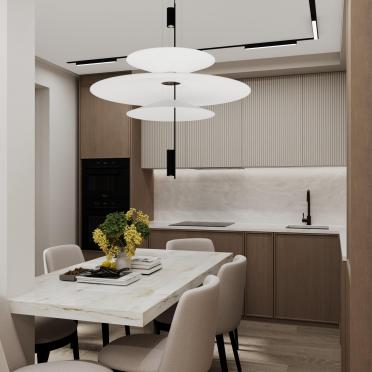 Интерьер кухни cветильниками над столом  смотреть на Basicdecor