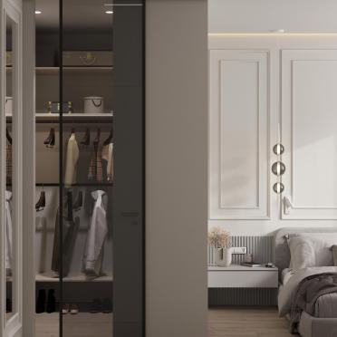 Интерьер спальни с зеркалом на двери  смотреть на Basicdecor