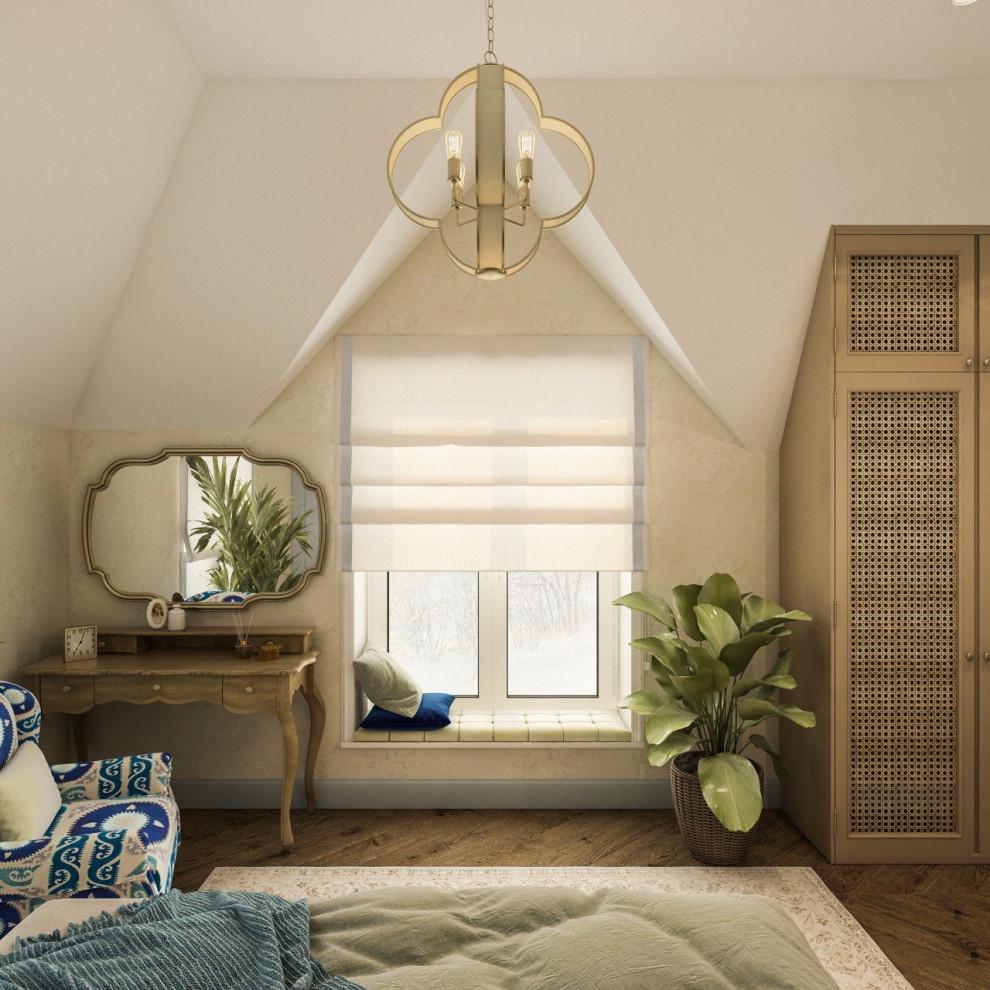 Интерьер спальни с окном, жалюзи и дверными жалюзи в стиле фьюжн
