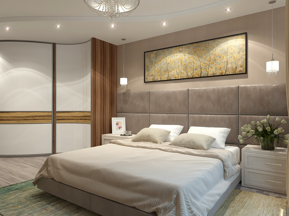 Интерьер спальни с подсветкой светодиодной и светильниками над кроватью в неоклассике