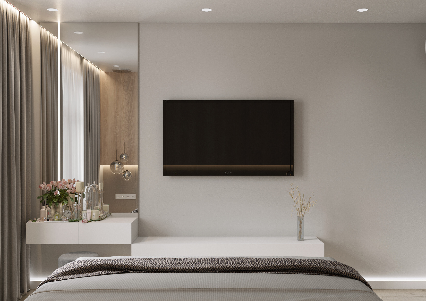 Интерьер спальни cтеной с телевизором, телевизором на рейках, телевизором на стене и нишей для телевизора в современном стиле