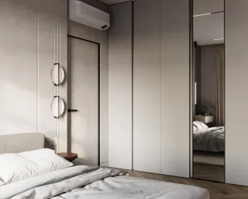 Интерьер спальни с зеркалом на двери  смотреть на Basicdecor