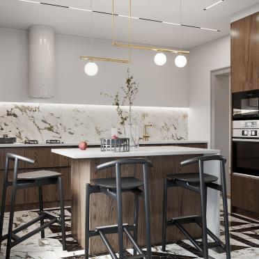 Интерьер кухни cветильниками над столом  смотреть на Basicdecor