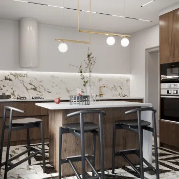 Интерьер кухни cветильниками над столом  смотреть на Basicdecor