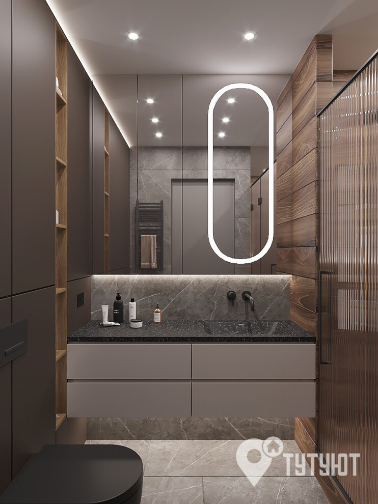 Интерьер ванной с зеркалом на двери и подсветкой светодиодной в современном стиле