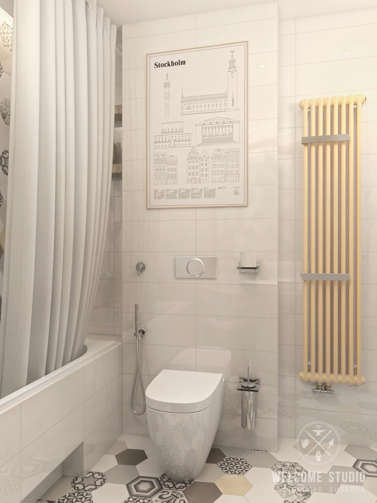Интерьер ванной с зонированием рейками в скандинавском стиле
