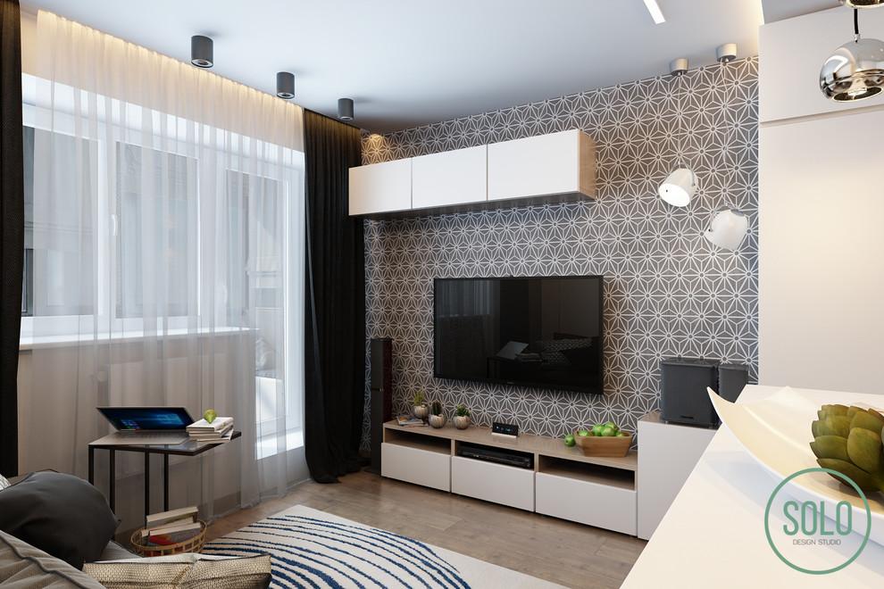 Интерьер гостиной cтеной с телевизором, телевизором на стене, нишей для телевизора, керамогранитом на стену с телевизором, подсветкой настенной и подсветкой светодиодной в скандинавском стиле