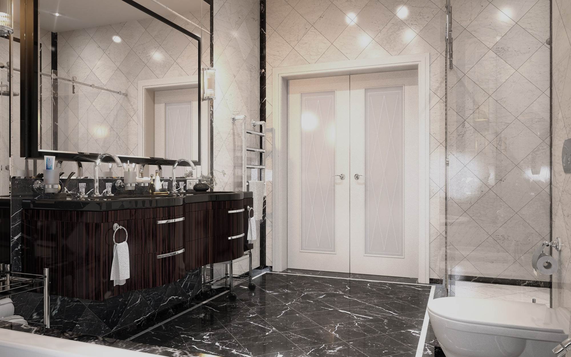 Интерьер ванной с зеркалом на двери в классическом стиле