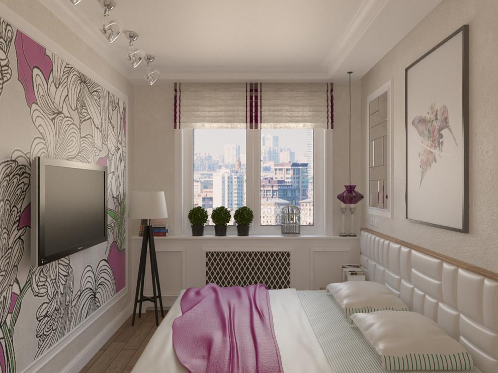 Интерьер спальни с жалюзи и вертикальными жалюзи в современном стиле