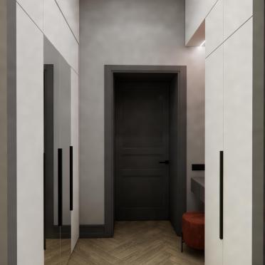 Интерьер прихожей с проходной и зеркалом на двери  смотреть на Basicdecor