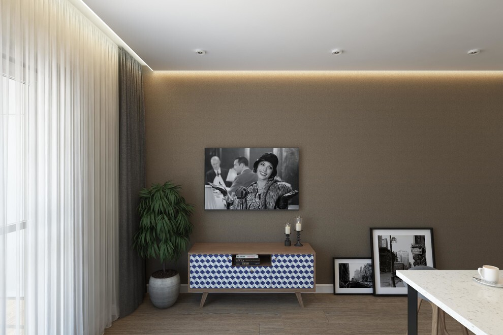 Интерьер cтеной с телевизором, телевизором на рейках, телевизором на стене, керамогранитом на стену с телевизором, рейками с подсветкой, подсветкой настенной и подсветкой светодиодной в современном стиле