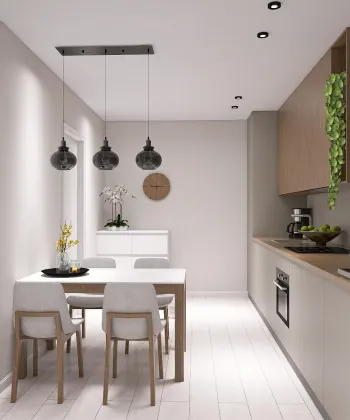 Интерьер кухни cветильниками над столом  смотреть на Basicdecor