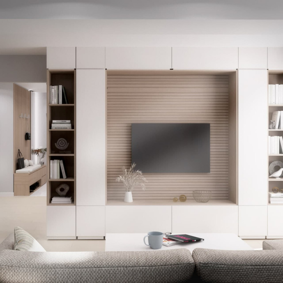 Интерьер гостиной cтеной с телевизором, телевизором на стене и нишей для телевизора в современном стиле