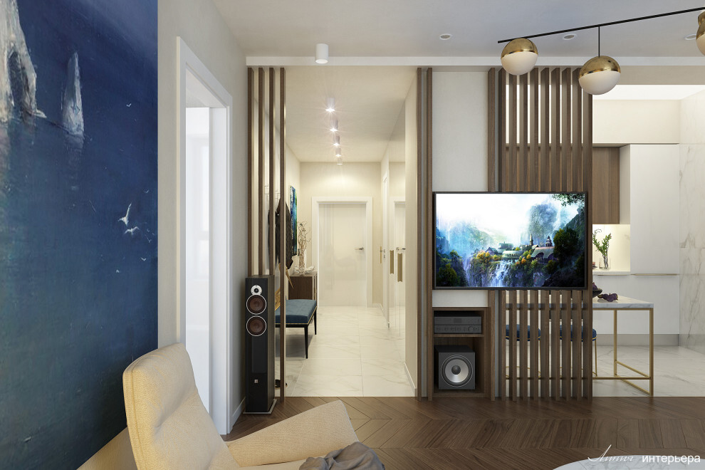Интерьер прихожей cтеной с телевизором, телевизором на рейках и телевизором на стене в современном стиле