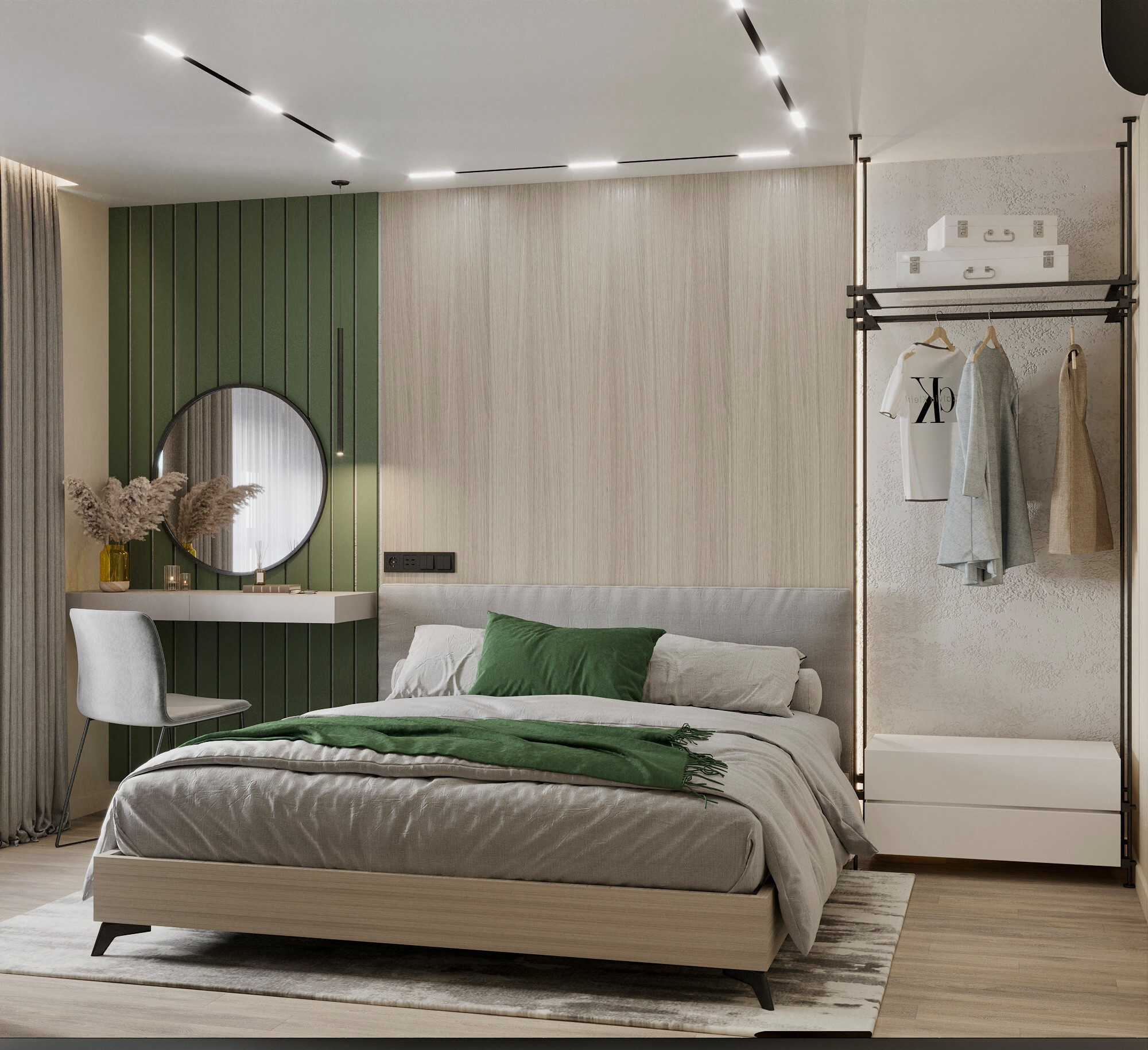 Интерьер спальни с рейками с подсветкой и подсветкой светодиодной в современном стиле