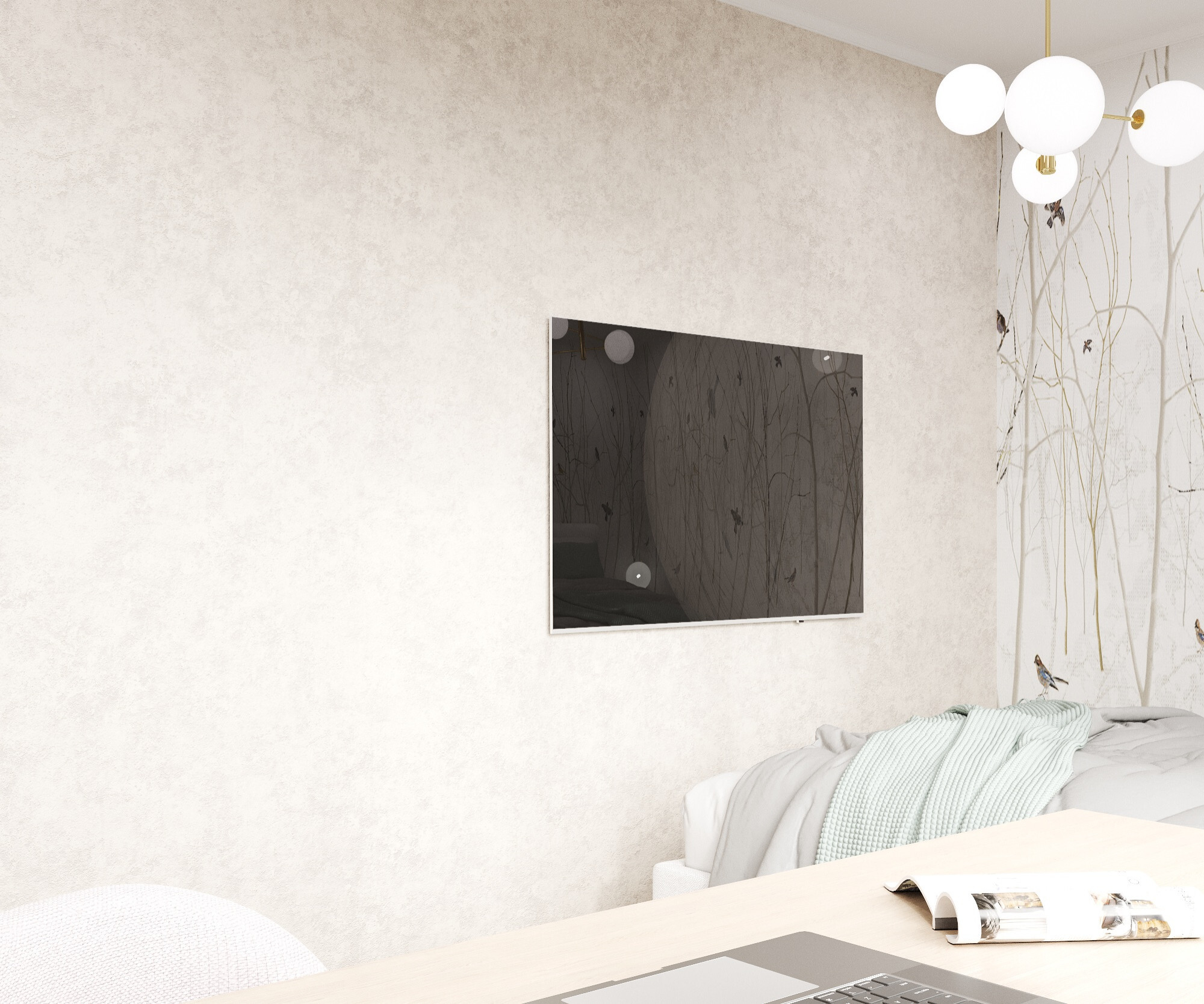 Интерьер спальни cтеной с телевизором, телевизором на стене, керамогранитом на стену с телевизором и подсветкой настенной в стиле лофт