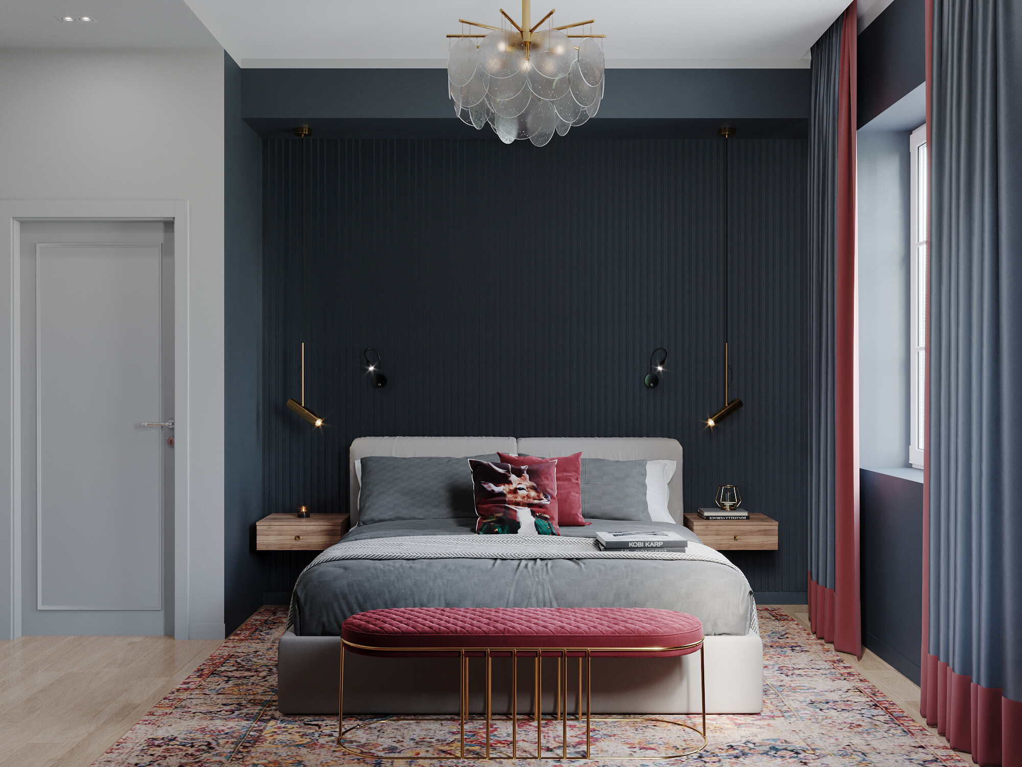 Интерьер спальни cветильниками над кроватью в стиле лофт и в стиле фьюжн