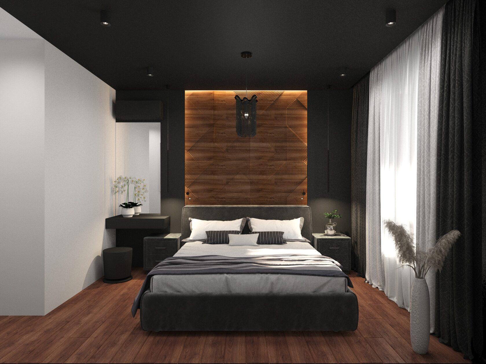 Интерьер спальни с рейками с подсветкой, бра над кроватью, подсветкой настенной, светильниками над кроватью и шкафом над кроватью в стиле лофт и эко