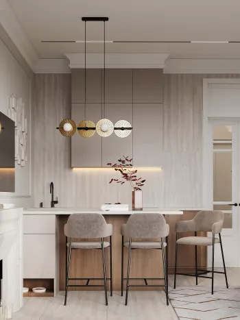 Интерьер кухни cветильниками над столом  смотреть на Basicdecor