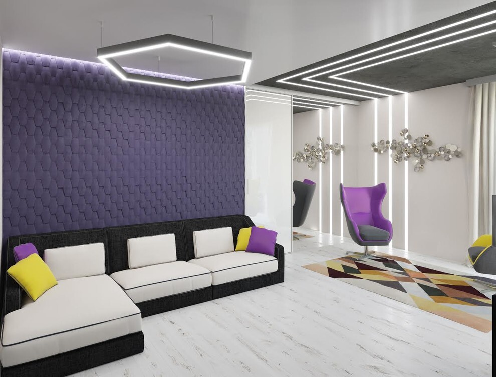 Интерьер гостиной cветовыми линиями, подсветкой настенной, подсветкой светодиодной и с подсветкой в современном стиле