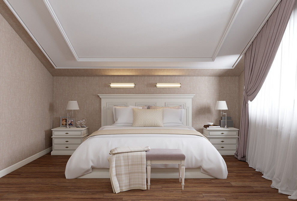 Интерьер спальни cветовыми линиями, рейками с подсветкой, подсветкой настенной, подсветкой светодиодной и светильниками над кроватью в классическом стиле