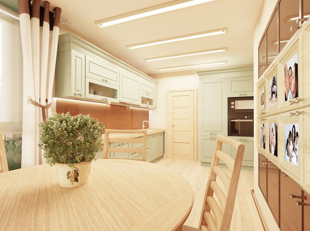 Интерьер кухни cветовыми линиями, рейками с подсветкой и подсветкой светодиодной