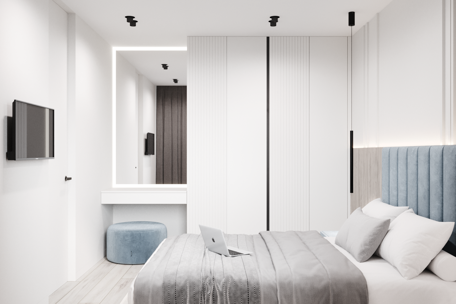 Интерьер спальни cветовыми линиями, подсветкой светодиодной, светильниками над кроватью, шкафом над кроватью и шкафом у кровати в стиле лофт