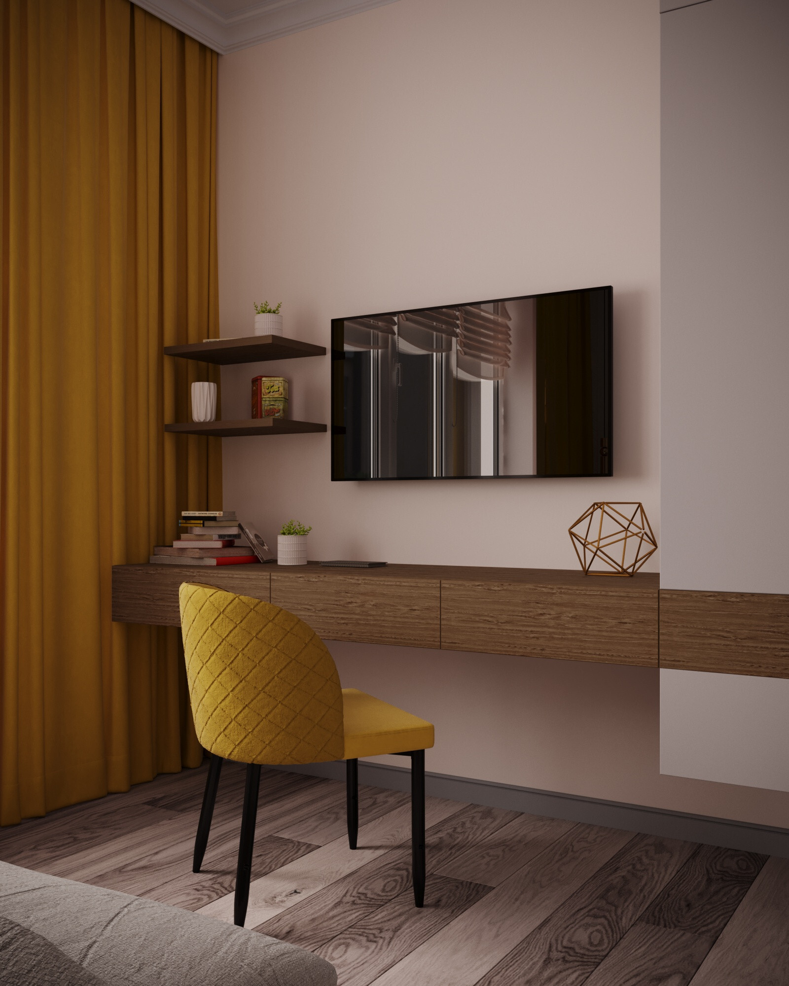 Интерьер кухни c рабочим местом, стеной с телевизором, телевизором на стене и керамогранитом на стену с телевизором