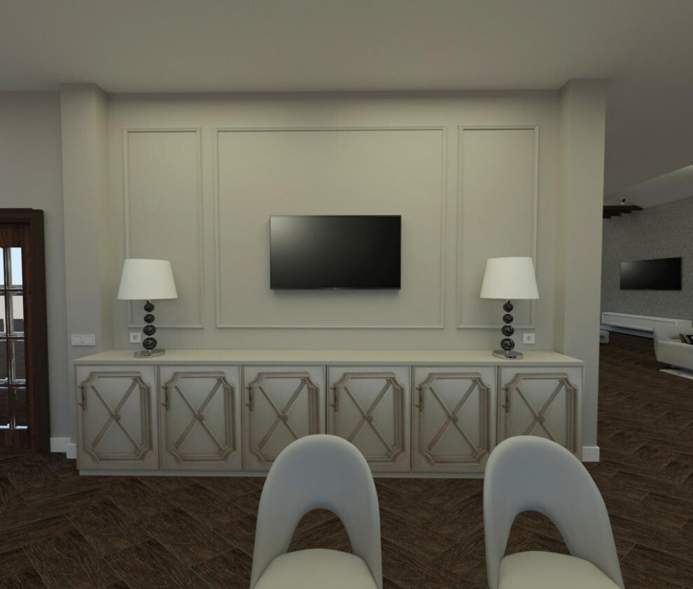 Интерьер cтеной с телевизором, нишей для телевизора, керамогранитом на стену с телевизором и подсветкой настенной в современном стиле