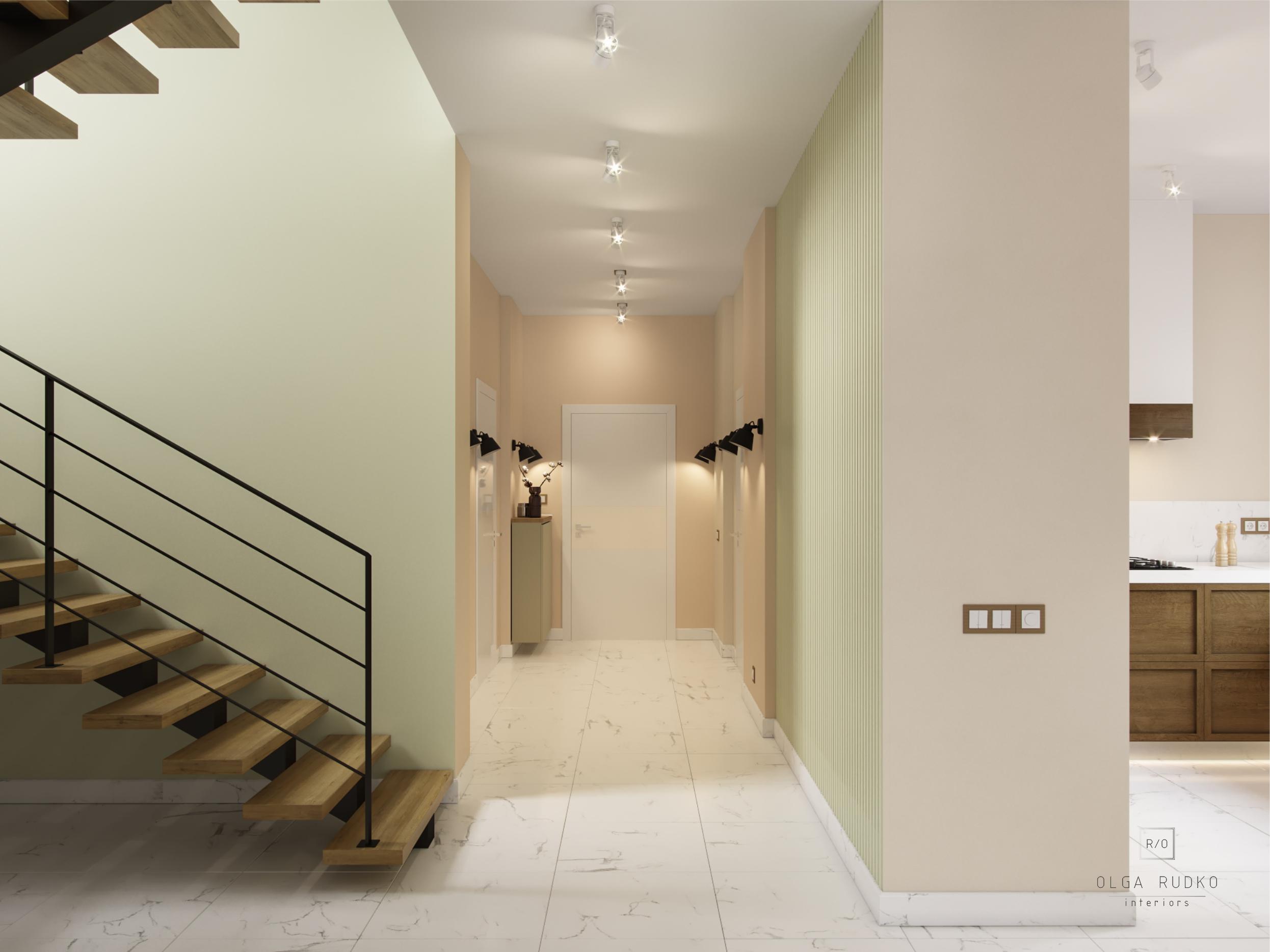 Интерьер коридора cветовыми линиями, подсветкой настенной и подсветкой светодиодной