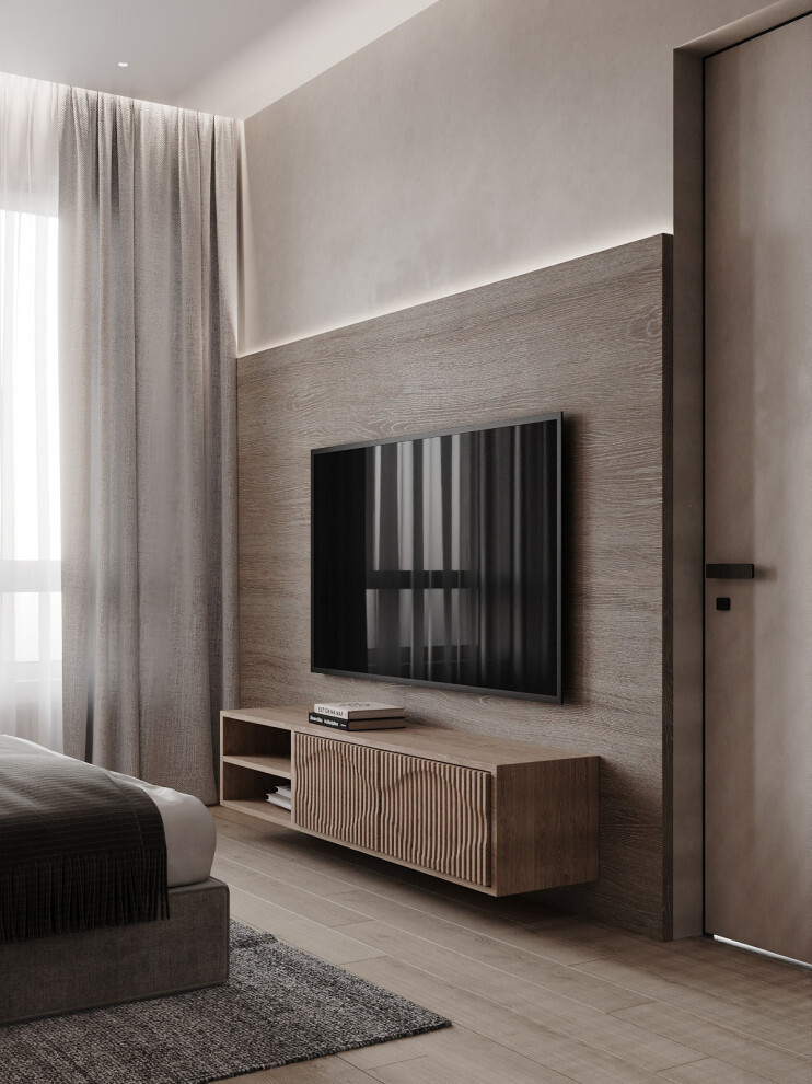 Интерьер спальни cтеной с телевизором, телевизором на рейках, телевизором на стене, нишей для телевизора и керамогранитом на стену с телевизором в современном стиле