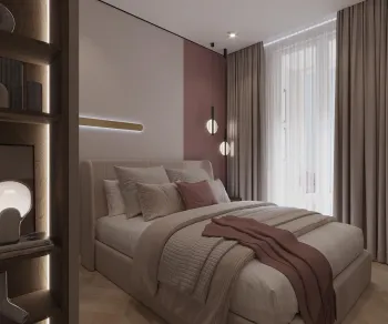 Интерьер спальни с нишей с подсветкой, подсветкой настенной, светильниками над кроватью и с подсветкой  смотреть на Basicdecor