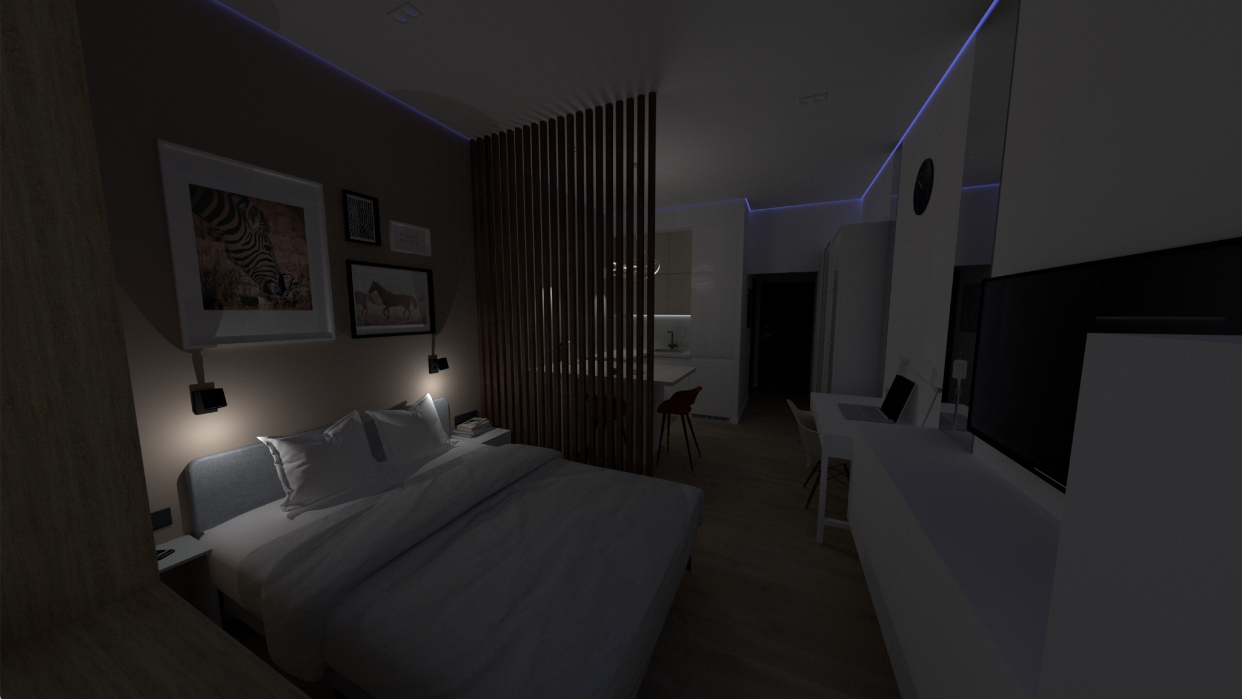 Интерьер спальни c рабочим местом, нишей с подсветкой, световыми линиями, рейками с подсветкой, подсветкой настенной, подсветкой светодиодной, светильниками над кроватью, подсветкой рабочей зоны и с подсветкой