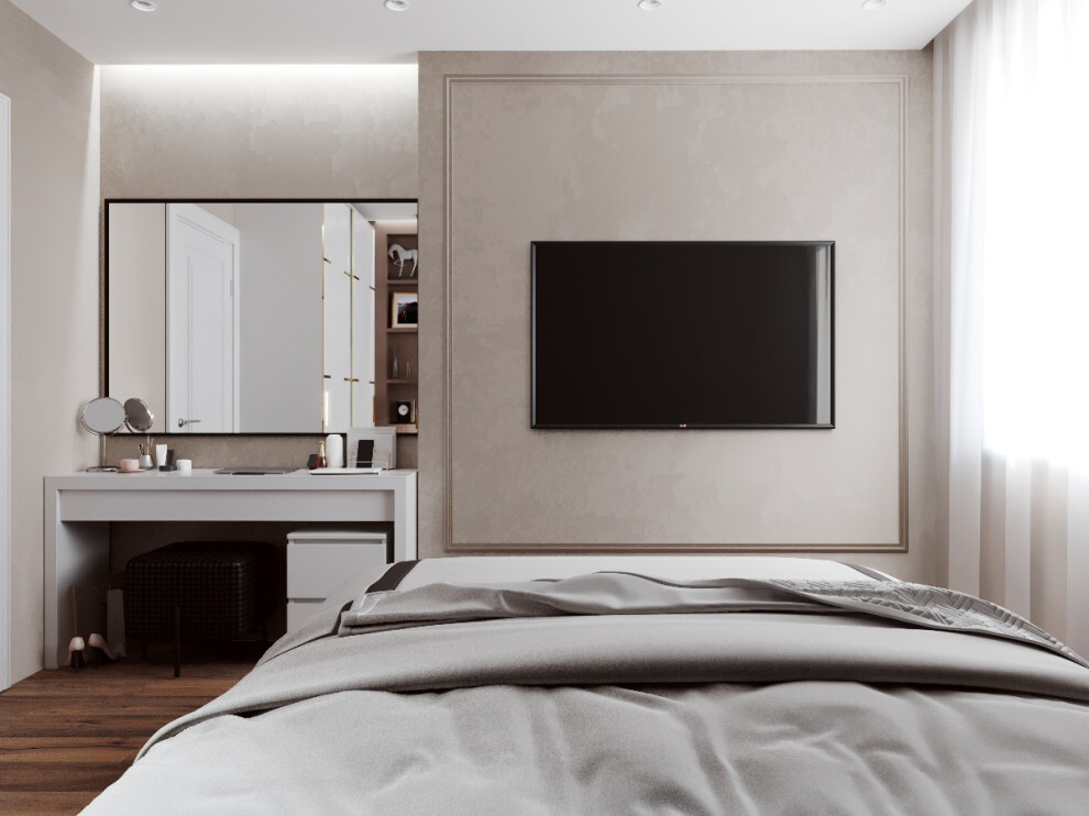 Интерьер спальни cтеной с телевизором, телевизором на стене и нишей для телевизора в неоклассике