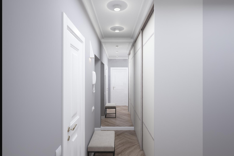 Интерьер коридора с рейками с подсветкой, подсветкой настенной и подсветкой светодиодной в современном стиле
