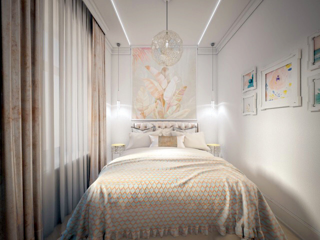 Интерьер спальни с кроватью под потолком, бра над кроватью и светильниками над кроватью в неоклассике и в восточном стиле