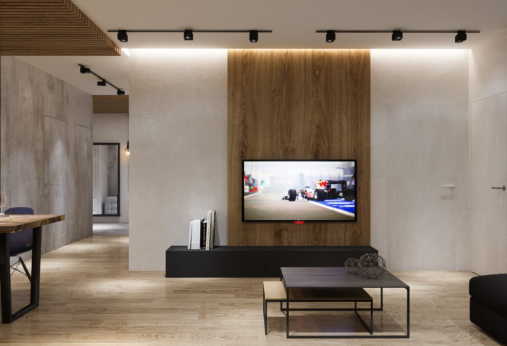Интерьер гостиной с телевизором на рейках, рейками с подсветкой, подсветкой настенной и подсветкой светодиодной в современном стиле