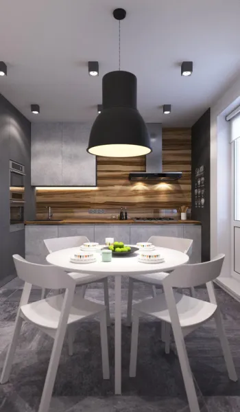 Интерьер кухни cветильниками над столом в современном стиле смотреть на Basicdecor