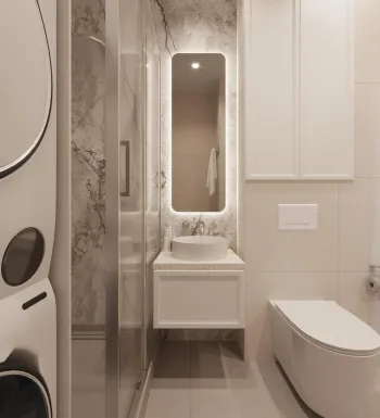 Интерьер ванной cовмещенным санузлом и зеркалом на двери  смотреть на Basicdecor