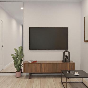 Интерьер гостиной с телевизором на рейках и телевизором на стене  смотреть на Basicdecor