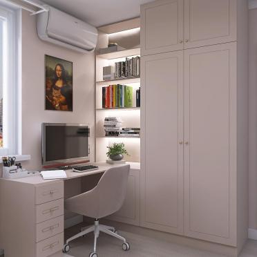 Интерьер гостиной c рабочим местом в шкафу и шкафом у кровати  смотреть на Basicdecor