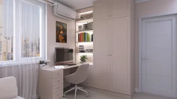 Интерьер гостиной c рабочим местом в шкафу и шкафом у кровати  смотреть на Basicdecor
