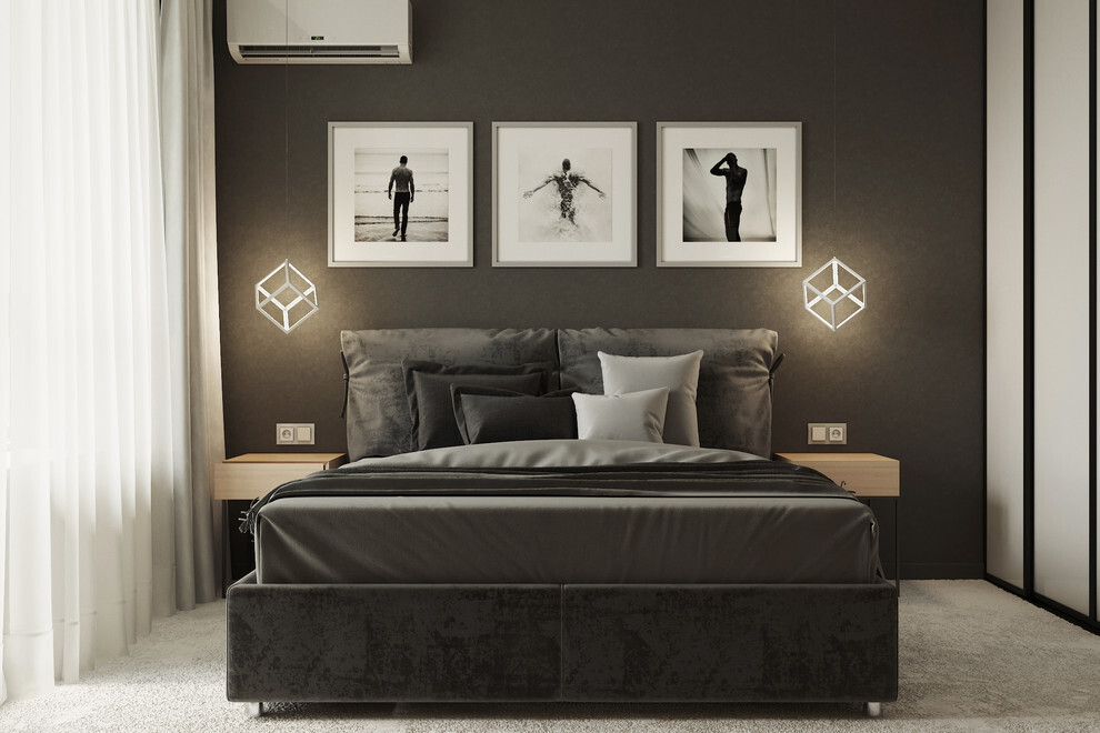 Интерьер спальни с подсветкой настенной, подсветкой светодиодной, светильниками над кроватью и с подсветкой в современном стиле