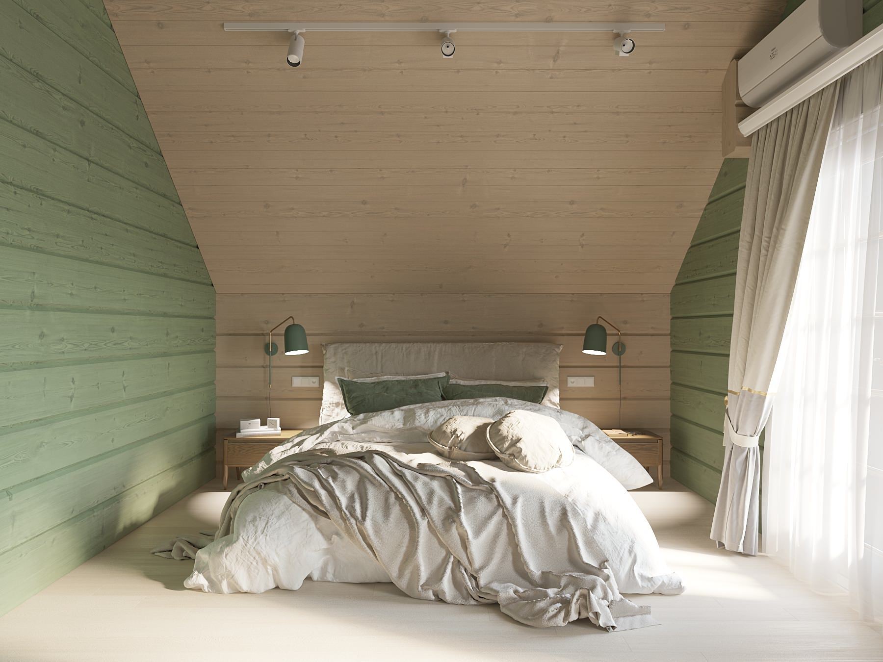 Интерьер спальни с в деревянном доме в классическом стиле
