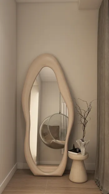 Интерьер спальни с зеркалом на двери  смотреть на Basicdecor
