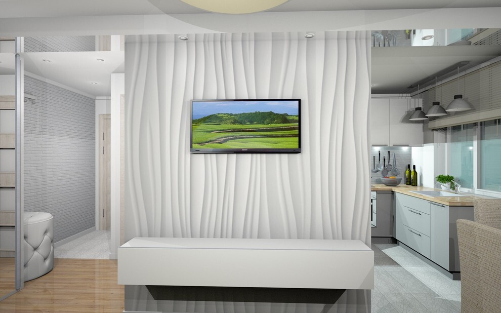 Интерьер кухни с панно за телевизором, стеной с телевизором и телевизором на стене в современном стиле