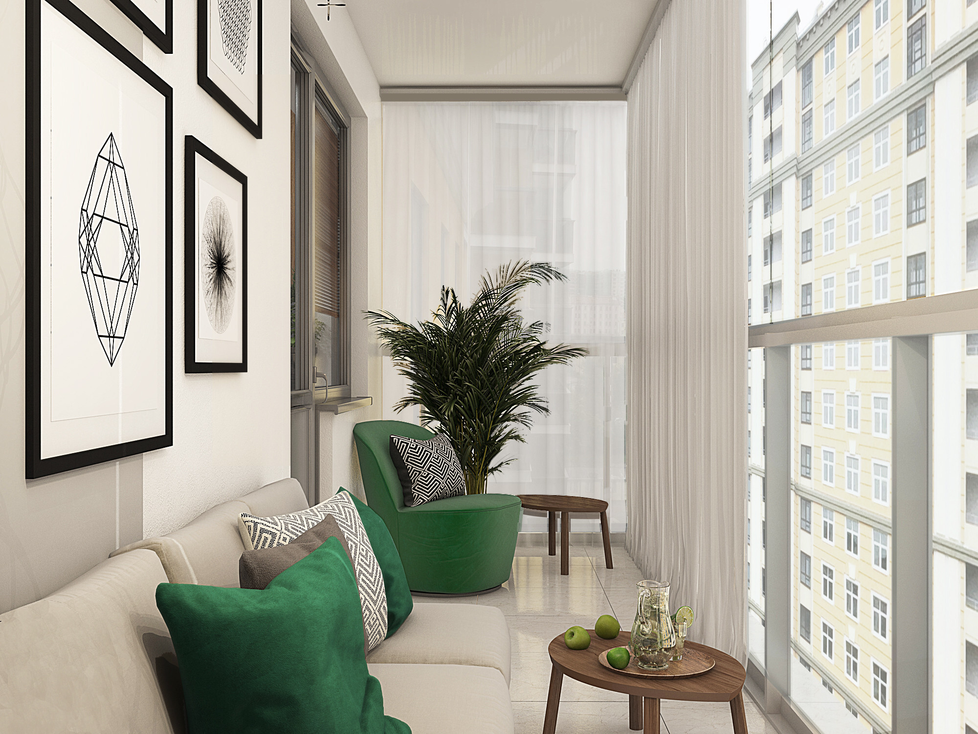 Интерьер гостиной с балконом и вертикальными жалюзи